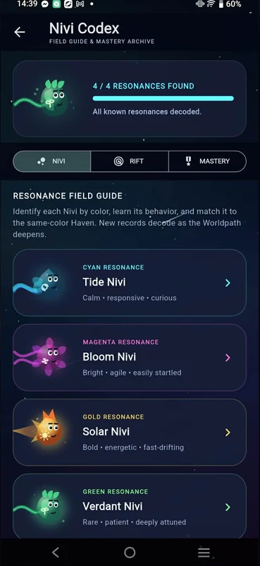 Current NIRVO Nivi Codex screen showing Tide, Bloom, Solar, and Verdant Nivi